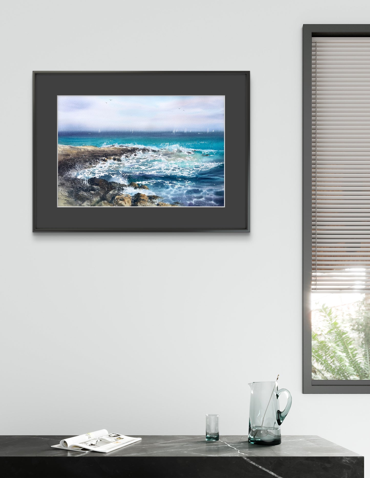 Original Turquoise Seascape Painting, Rocky Coast Watercolor Art, The sea coast #2 15x22