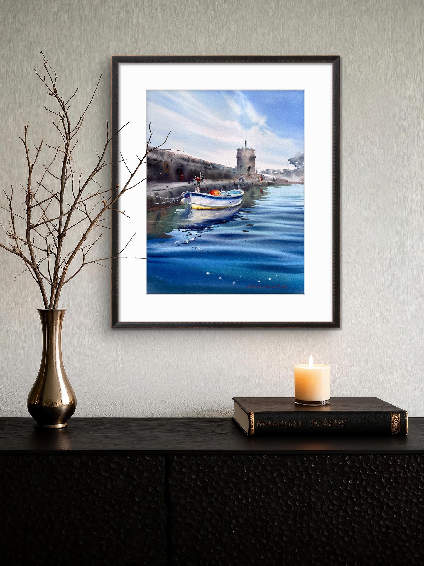 Liguria Italy Watercolor, Italian Harbor Painting, Blue Waters of Liguria 12x16 in