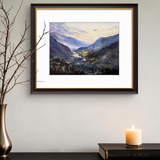 Mountain Valley Village Watercolor Painting, Mountain Valley Lights 12x16
