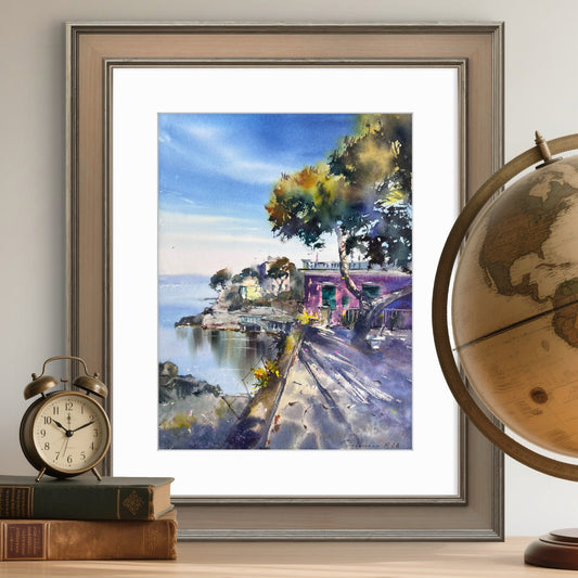 Original Watercolor Painting Liguria Italy Coastal Landscape, Blue Italian Morning. Liguria 12x16