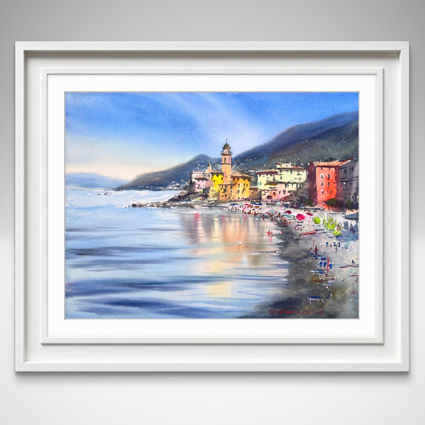 Camogli Italy Watercolor Painting, Coastal Wall Art, Morning in Camogli 12x16