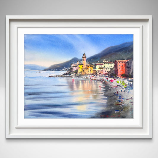 Camogli Italy Watercolor Painting, Coastal Wall Art, Morning in Camogli 12x16
