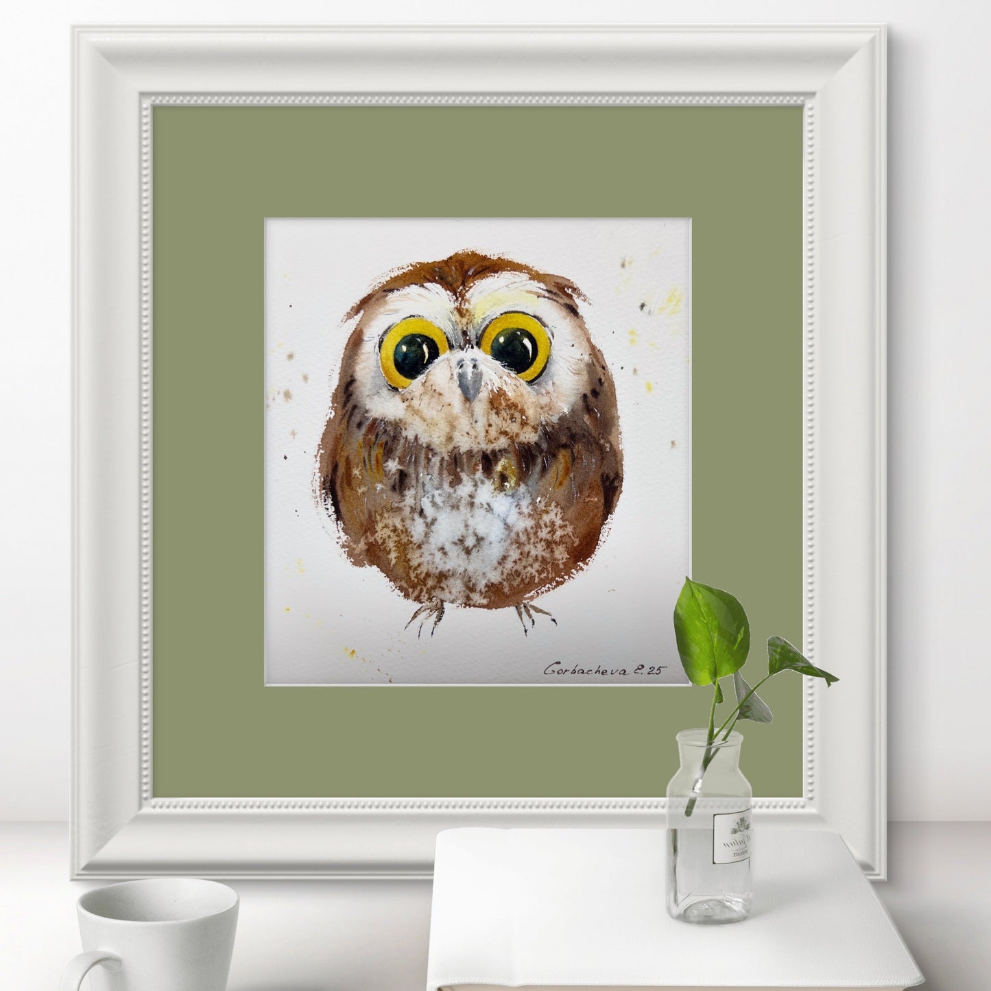 Original Watercolor Painting Tiny Owl, Cute Baby Owl Art, Charming owlet 7x7 in