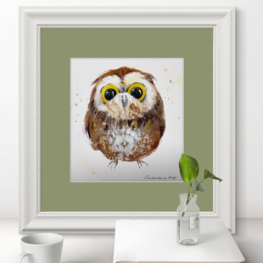 Original Watercolor Painting Tiny Owl, Cute Baby Owl Art, Charming owlet 7x7 in