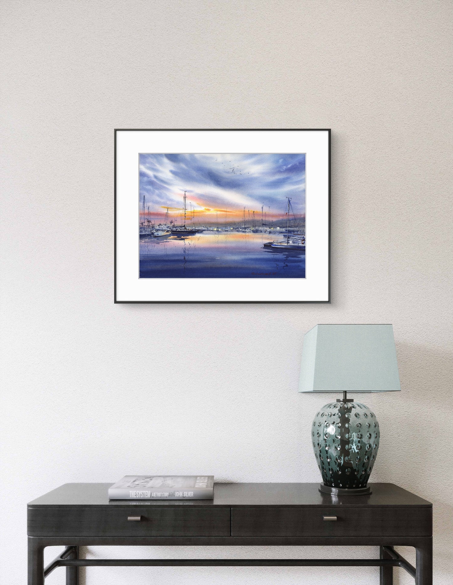 Original Valencia Marina Watercolor Painting | Spain Sunset Seascape Art |Evening harbor in Valencia 12x16 in