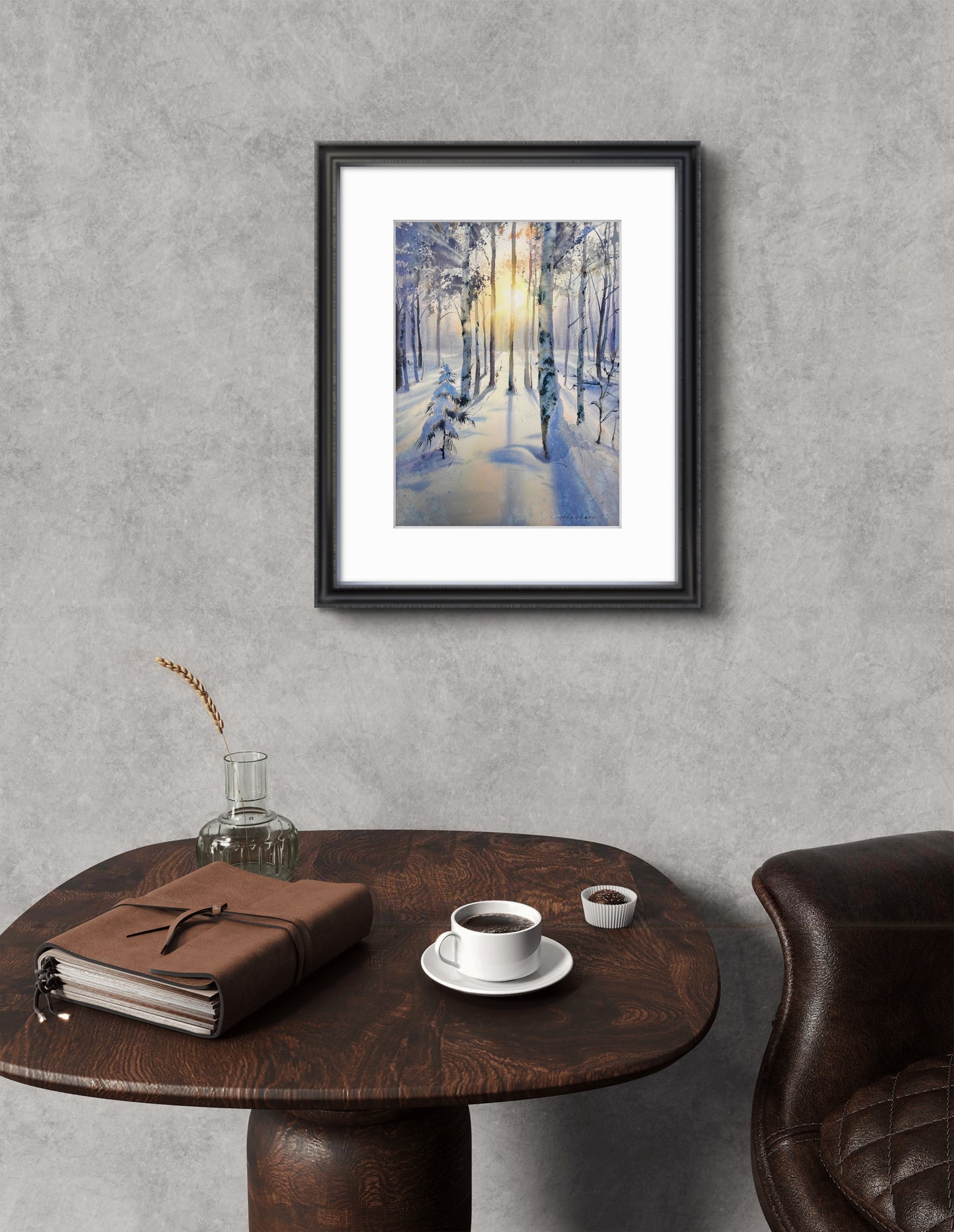 Original Winter Birch Forest Watercolor, Snowy Landscape Wall Art, Birch grove in winter glow 9x12