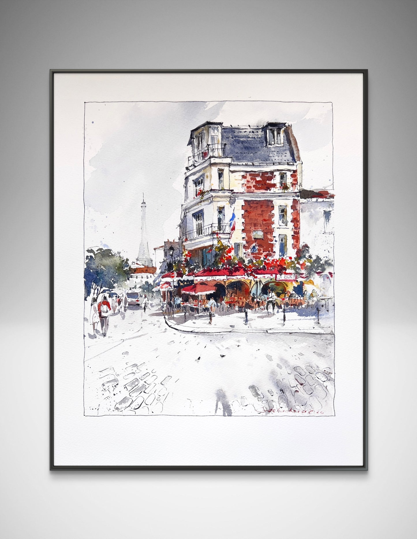 Paris Cafe Watercolor, Montmartre Street Scene,Parisian Daydream 10x12