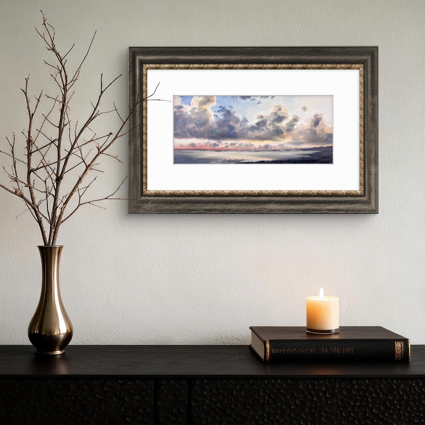 Watercolor Ocean Sunset Art, Dramatic Clouds Sunset Ocean Painting, Yachts at sunset #22 6x13