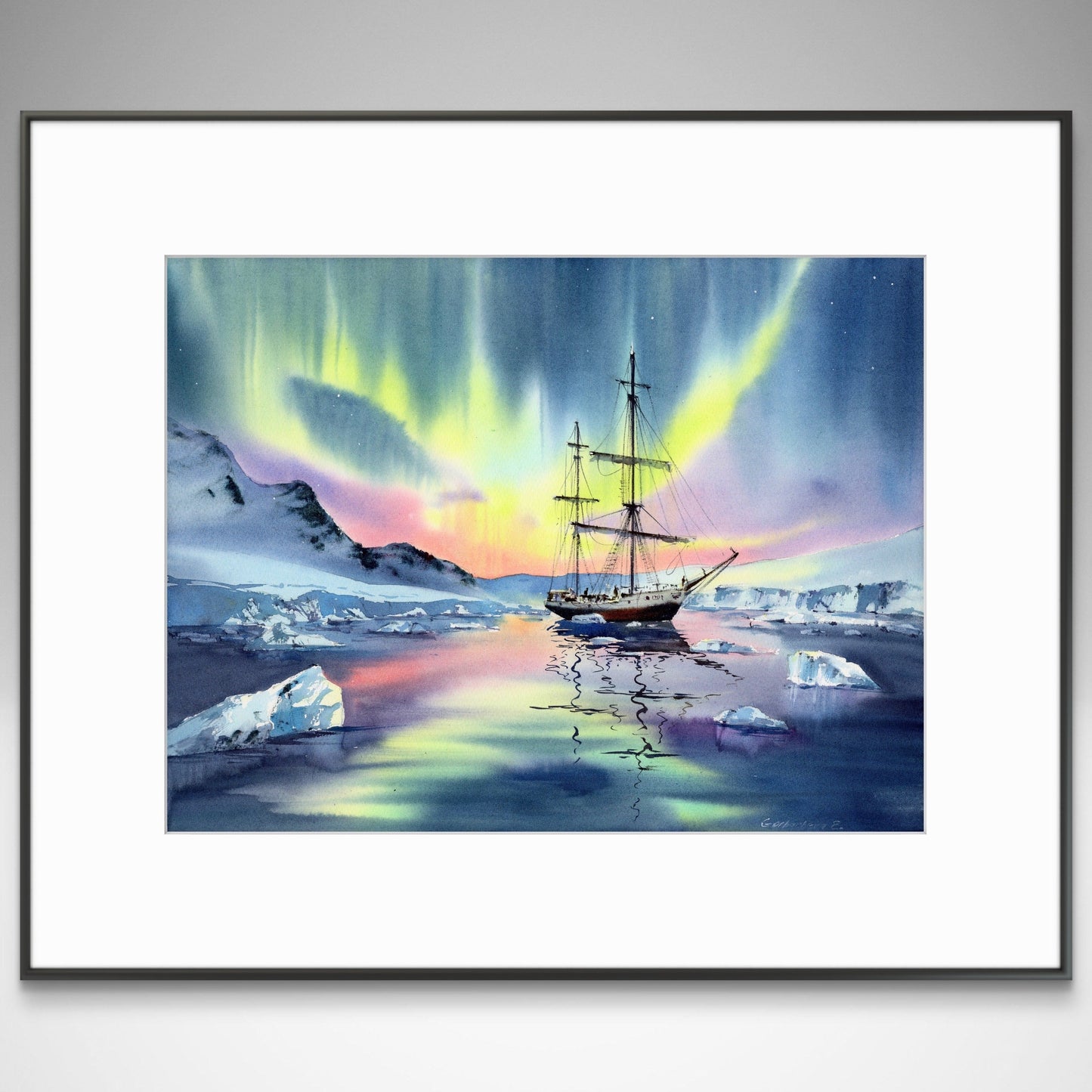 Original Northern Lights Art, Polar Watercolor, Arctic Serenity 12x16 in