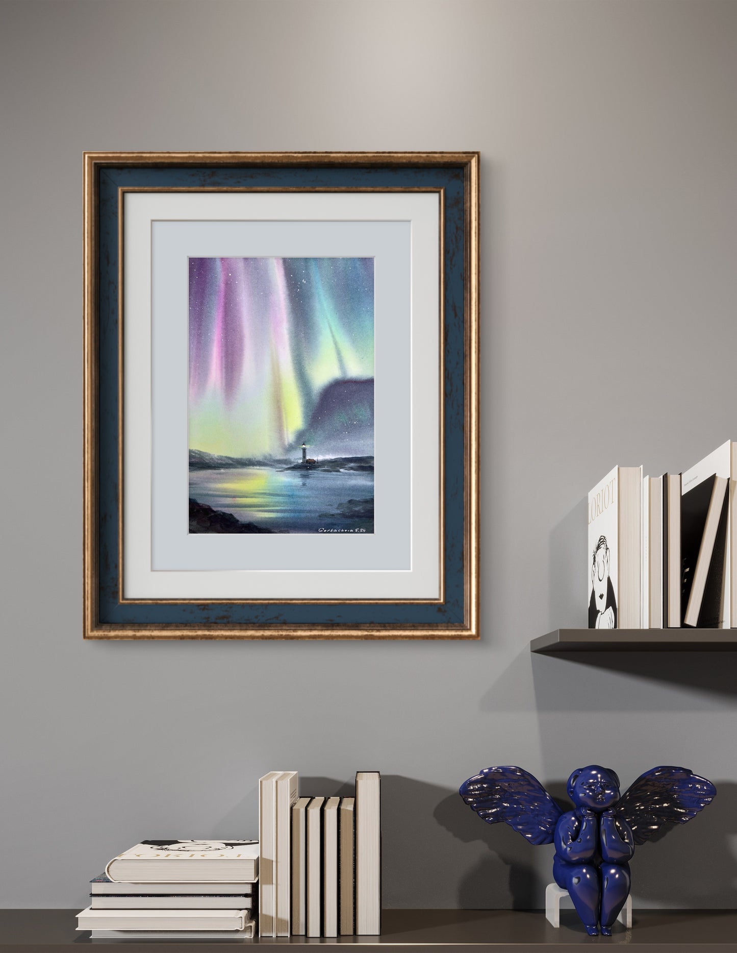 Aurora Borealis Painting Watercolor Original - Lighthouse at night