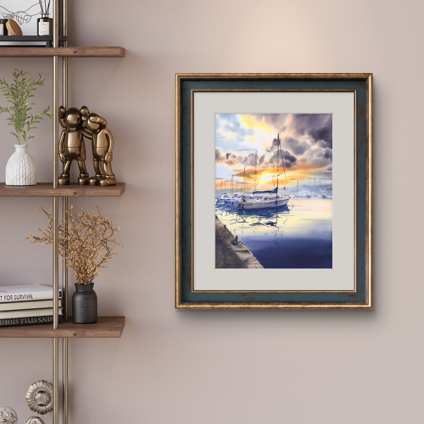Sunset Sailing Watercolor, Yacht Harbor Painting, Harbor in Amber 12x16