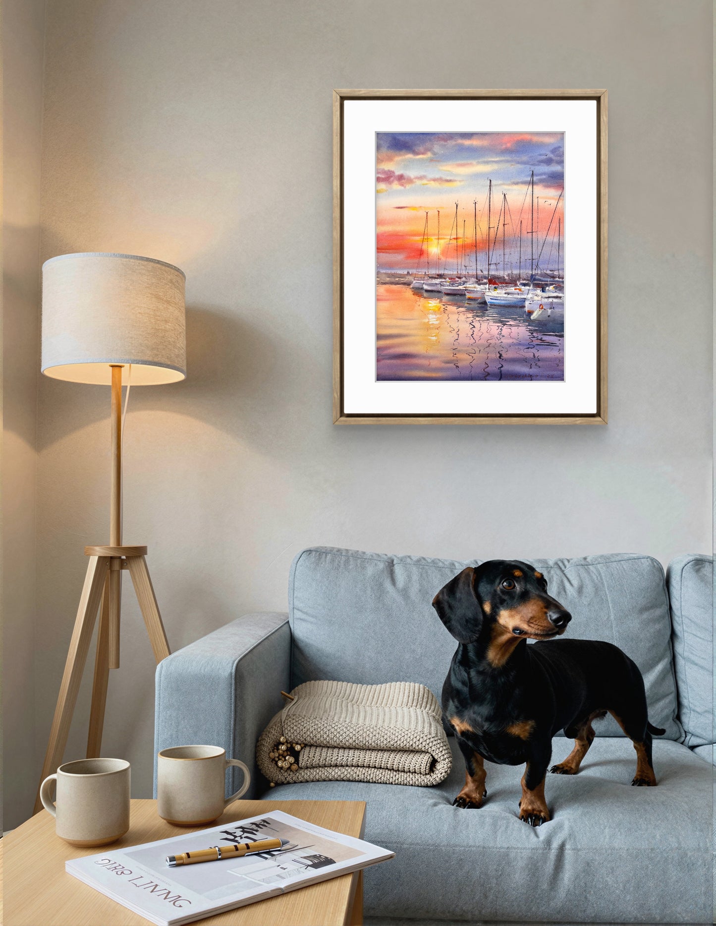 Spain Gandia Port Sunset Watercolor, Sailboats Marina Painting, Dream Haven. Spain 12x16