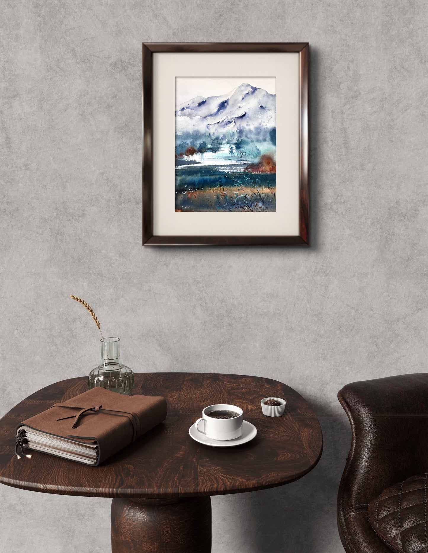 Mountain Valley Village Watercolor Painting, Mountain river #13 9x12