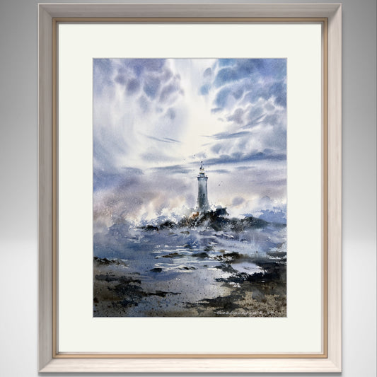 Watercolor Original Lighthouse Painting, "Before the Storm #7" - Small Art Piece for Home Decor, Perfect Gift for Nautical Enthusiasts