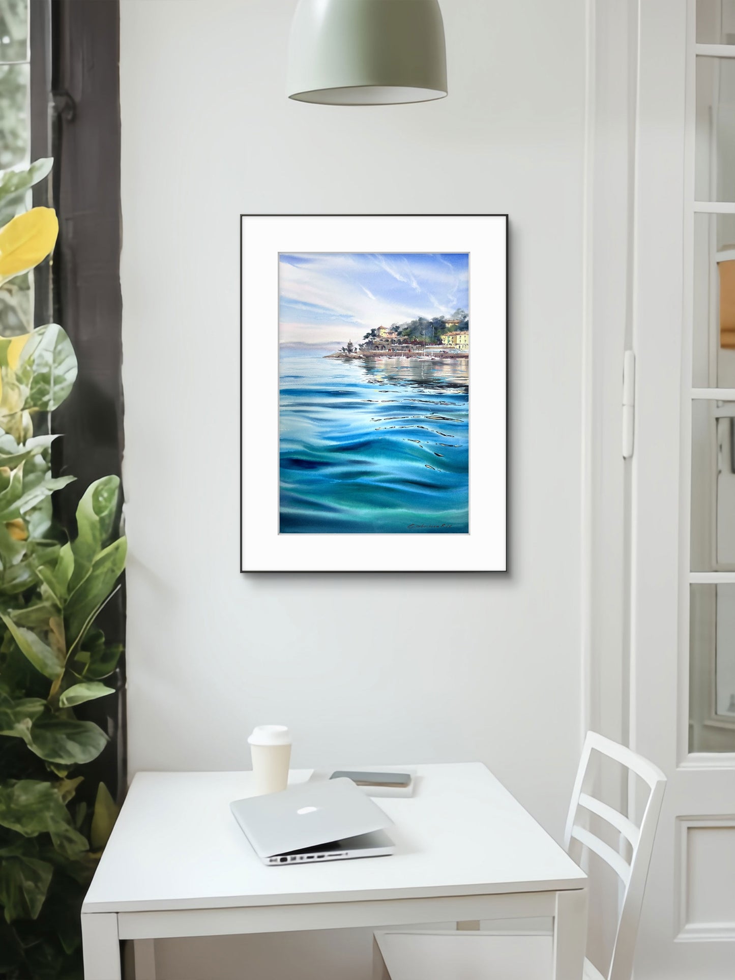 Recco Liguria Watercolor, Italian Riviera Seascape, Blue Waters of Recco 15x22
