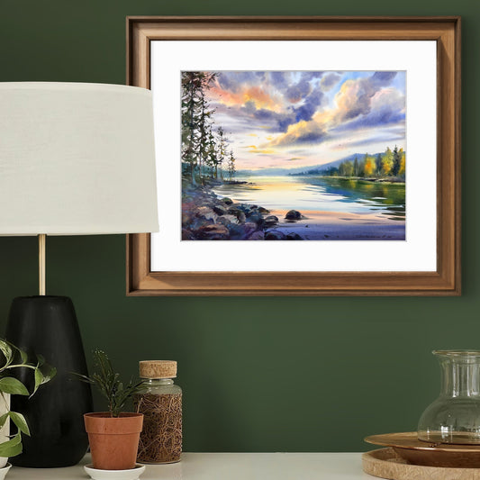 Sunset Lake Watercolor Painting, Silence of the Sunset 12x16