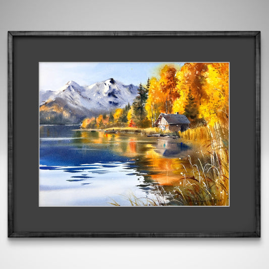 Original Autumn Mountain Lake Watercolor Painting, Mountain Solitude 12x16 in