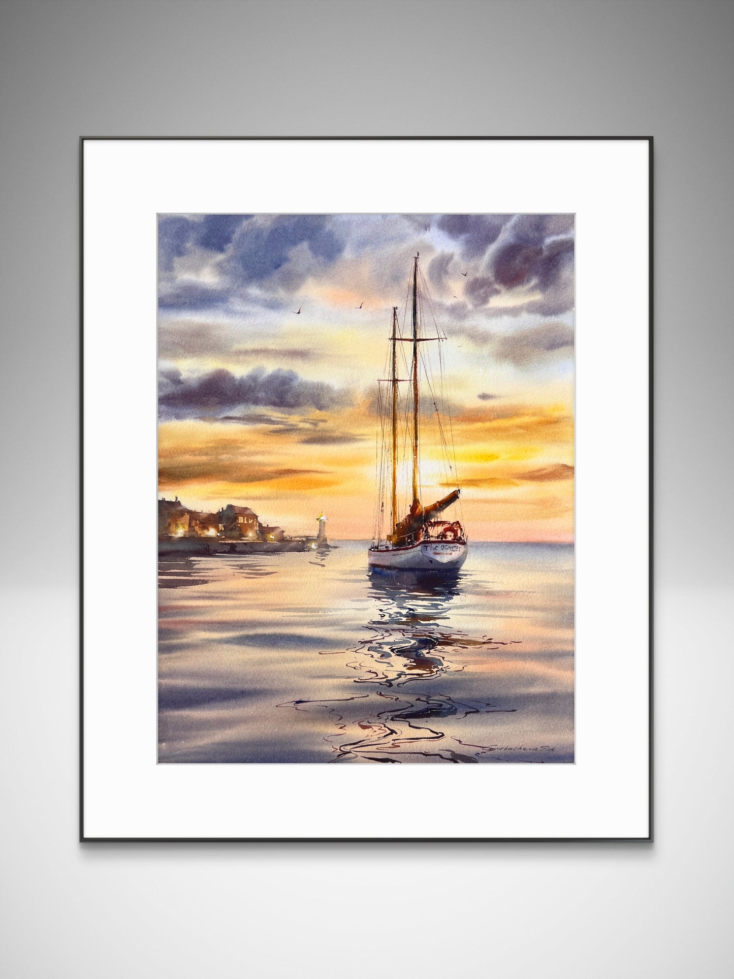 Original Watercolor Sailboat Painting, Sunset Harbor Seascape, Sunset Odyssey 12x16