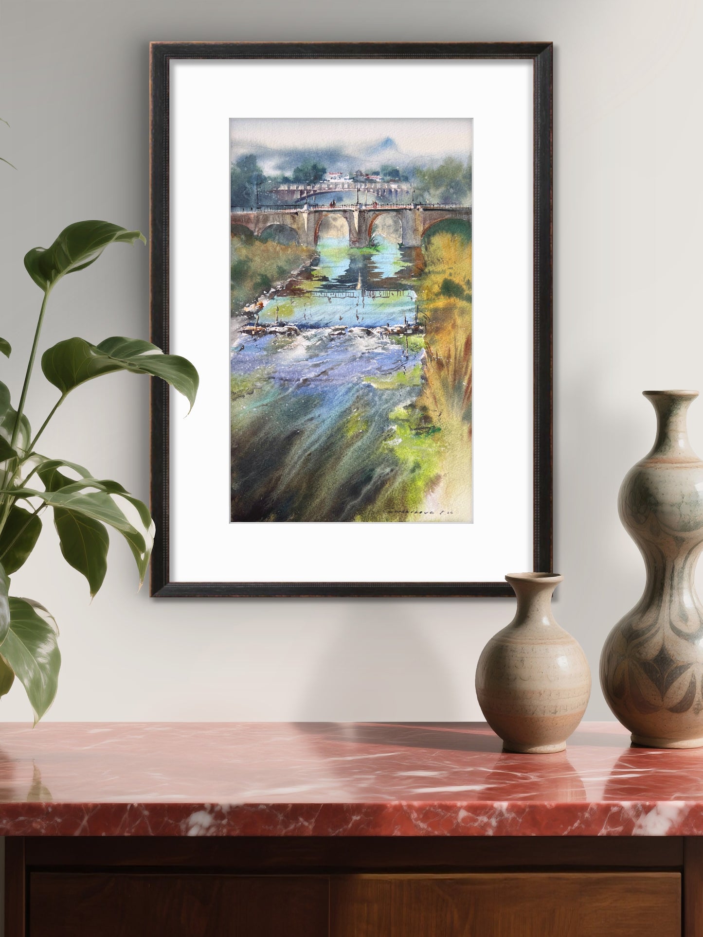 Spain Watercolor Landscape Bridge River Painting Original Art, Bridge of Quiet Waters Spain 9x15