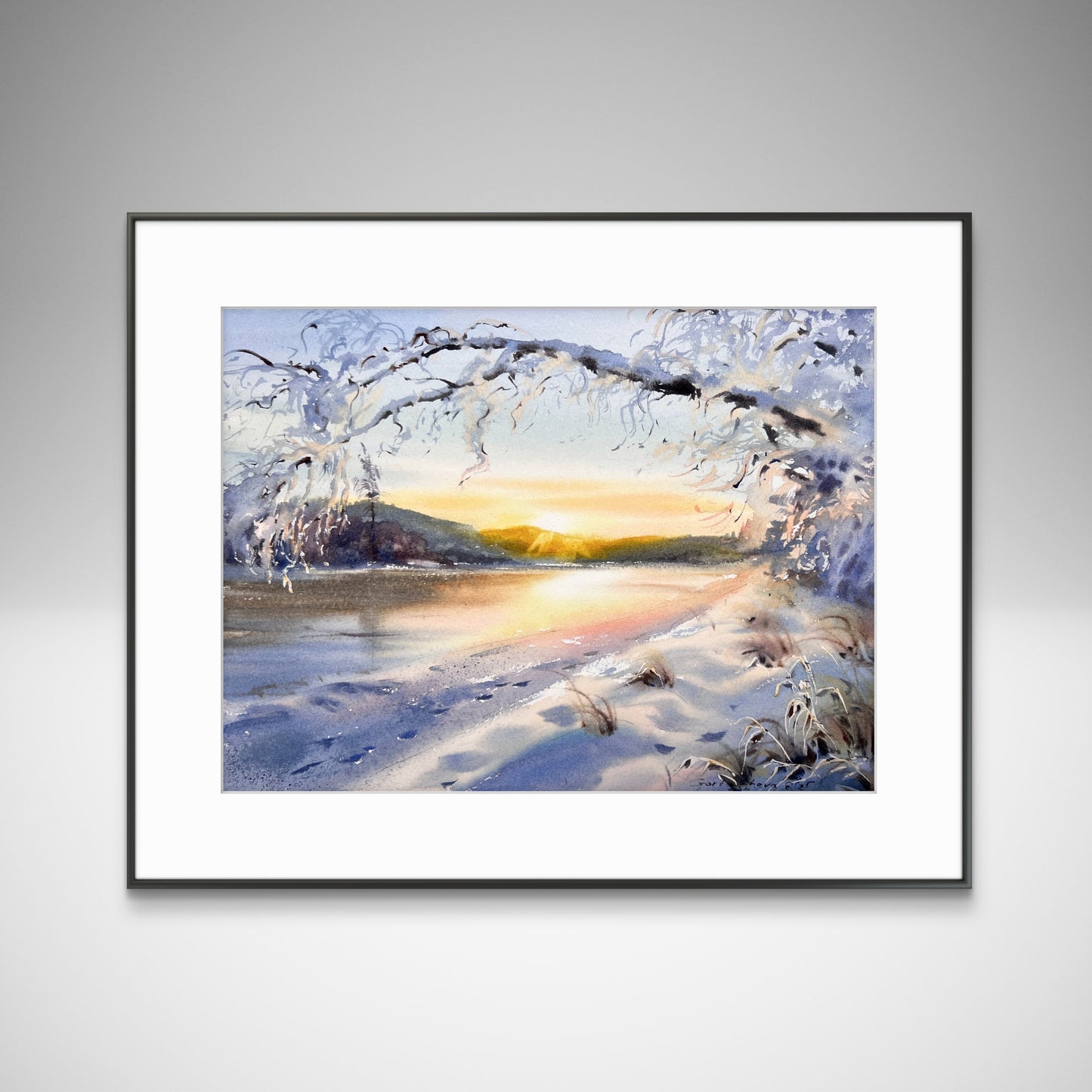 Winter Sunrise Watercolor Painting, Original Snowy Landscape Art, Golden Winter Hush 9X12
