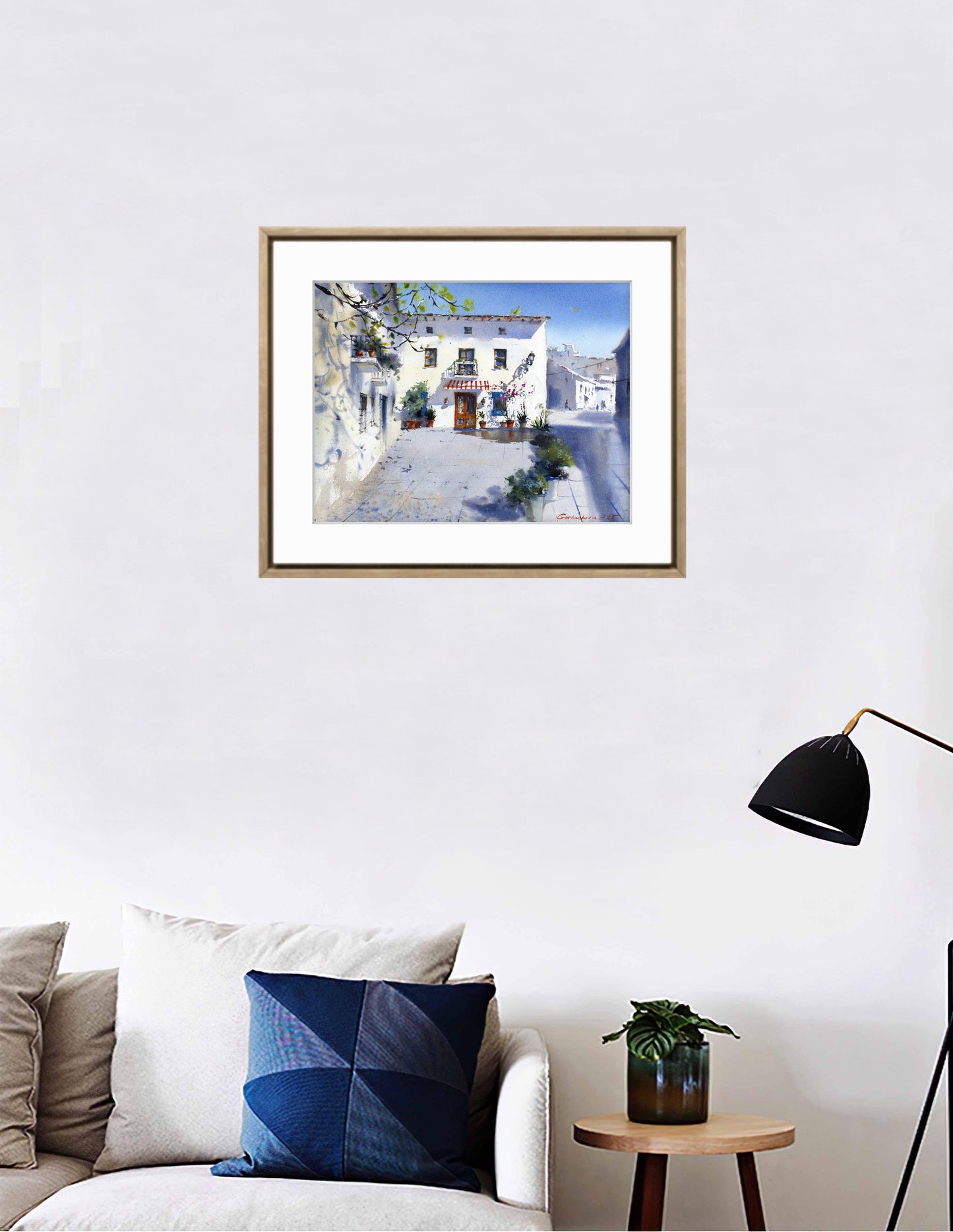 Spanish White Town Watercolor Art | Mediterranean Street Scene Painting | Sunny Spain Travel  | Spanish Afternoon 12x16 in