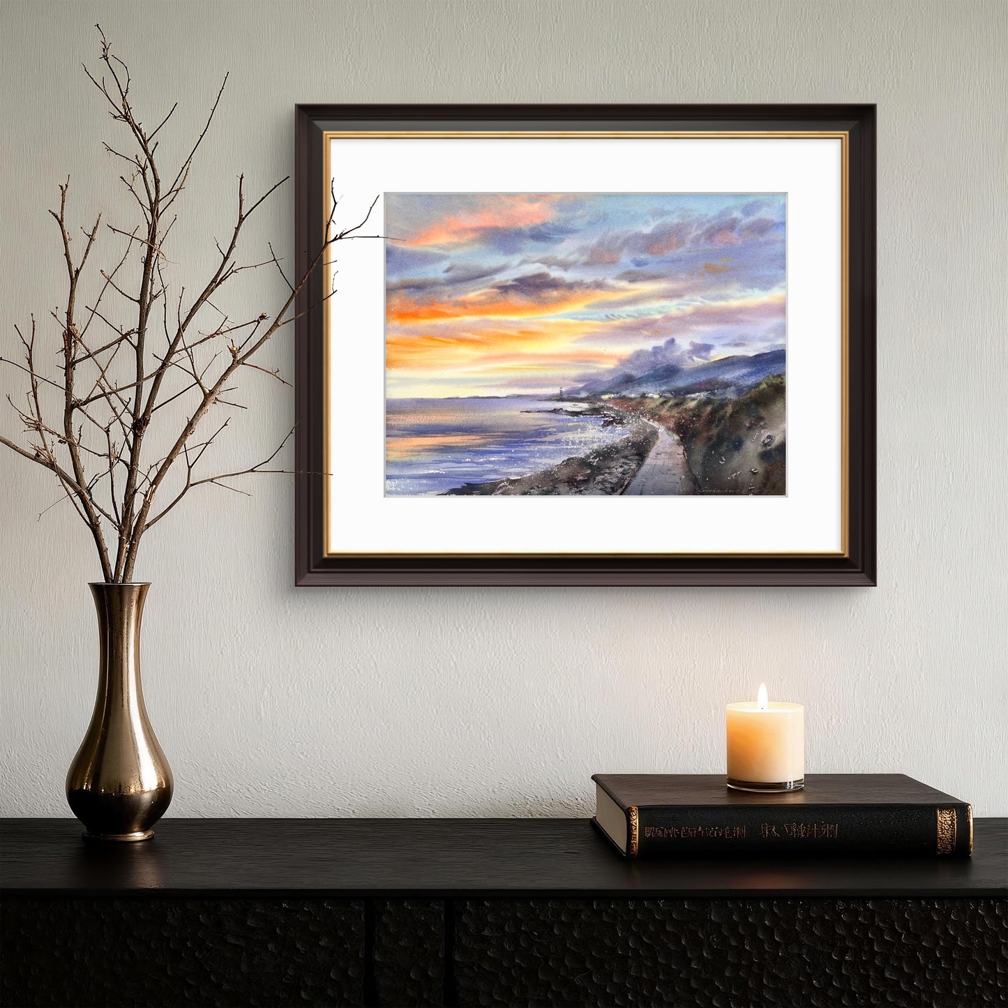 Cyprus Coastal Sunset Watercolor Painting, Seascape Wall Art, Cyprus Lavender Sky 12x16