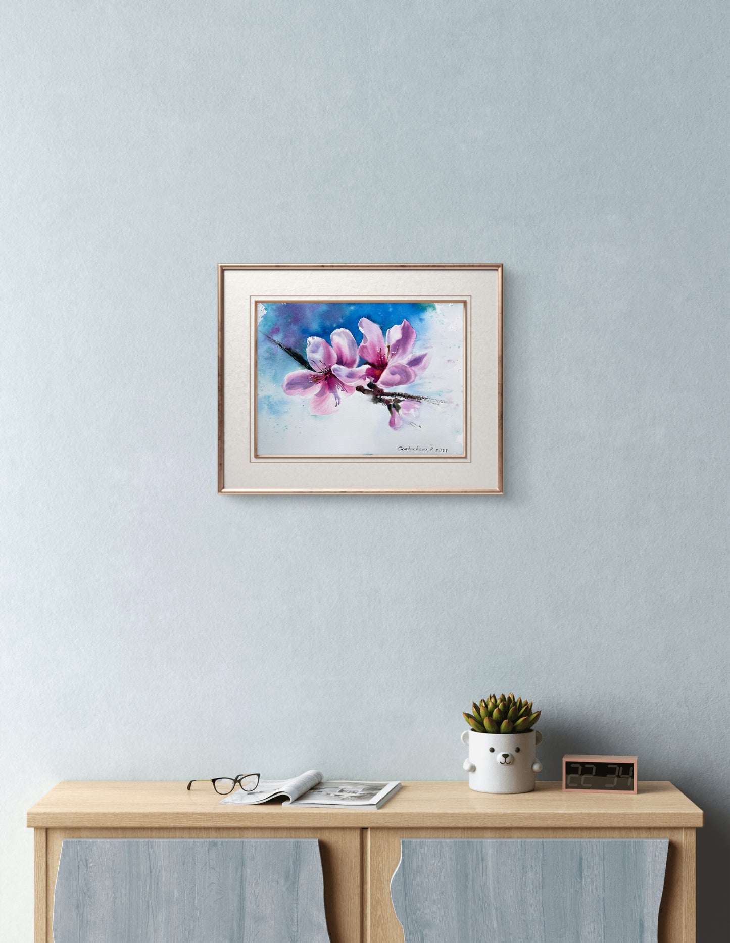 Pink Flower Painting, Original Watercolor Artwork, Botanical Wall Art, Peach Flowers 9x12