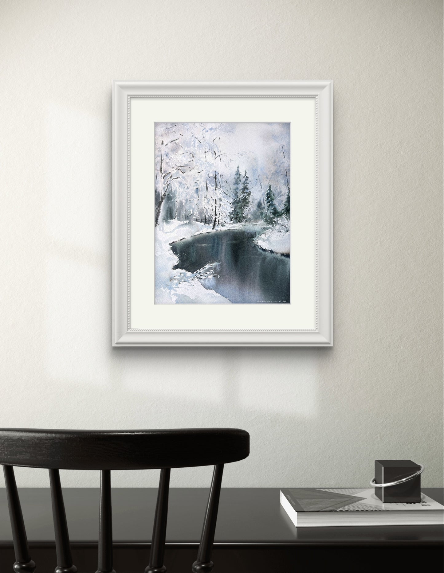 Serene Winter Landscape Art: 'Frozen River #7' - Unique Watercolor Painting