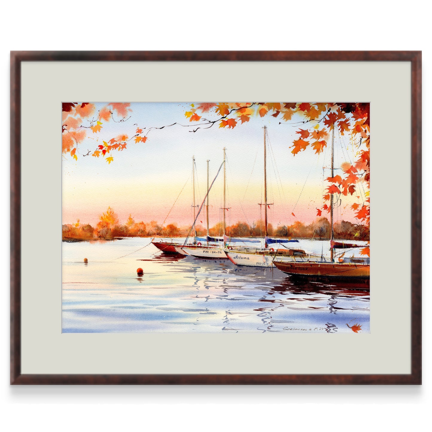 Serene Sailboat & Autumn Foliage Watercolor Print - Painterly Nautical Decor