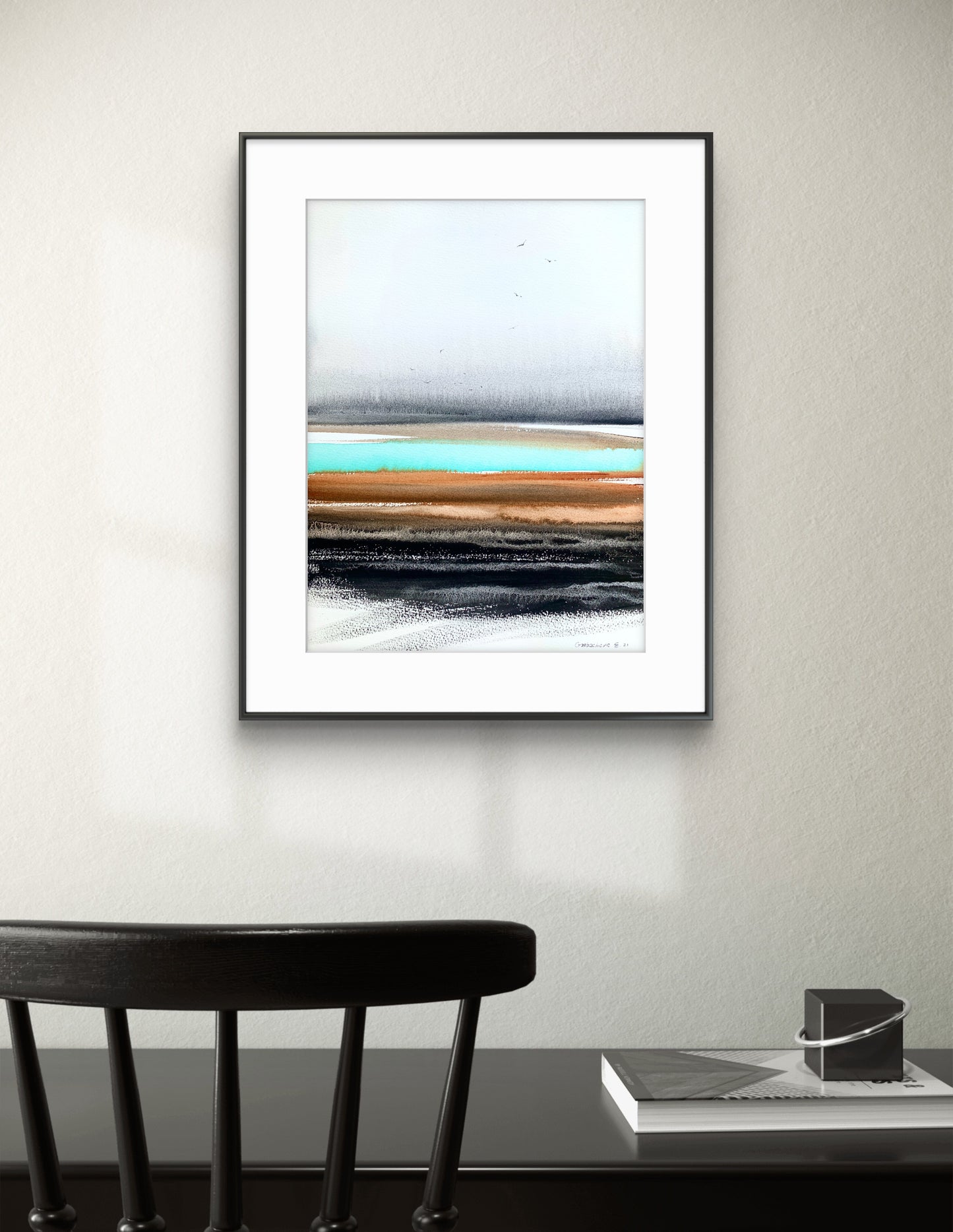 Abstract Landscape Watercolor Painting - River Valley in Burnt Orange
