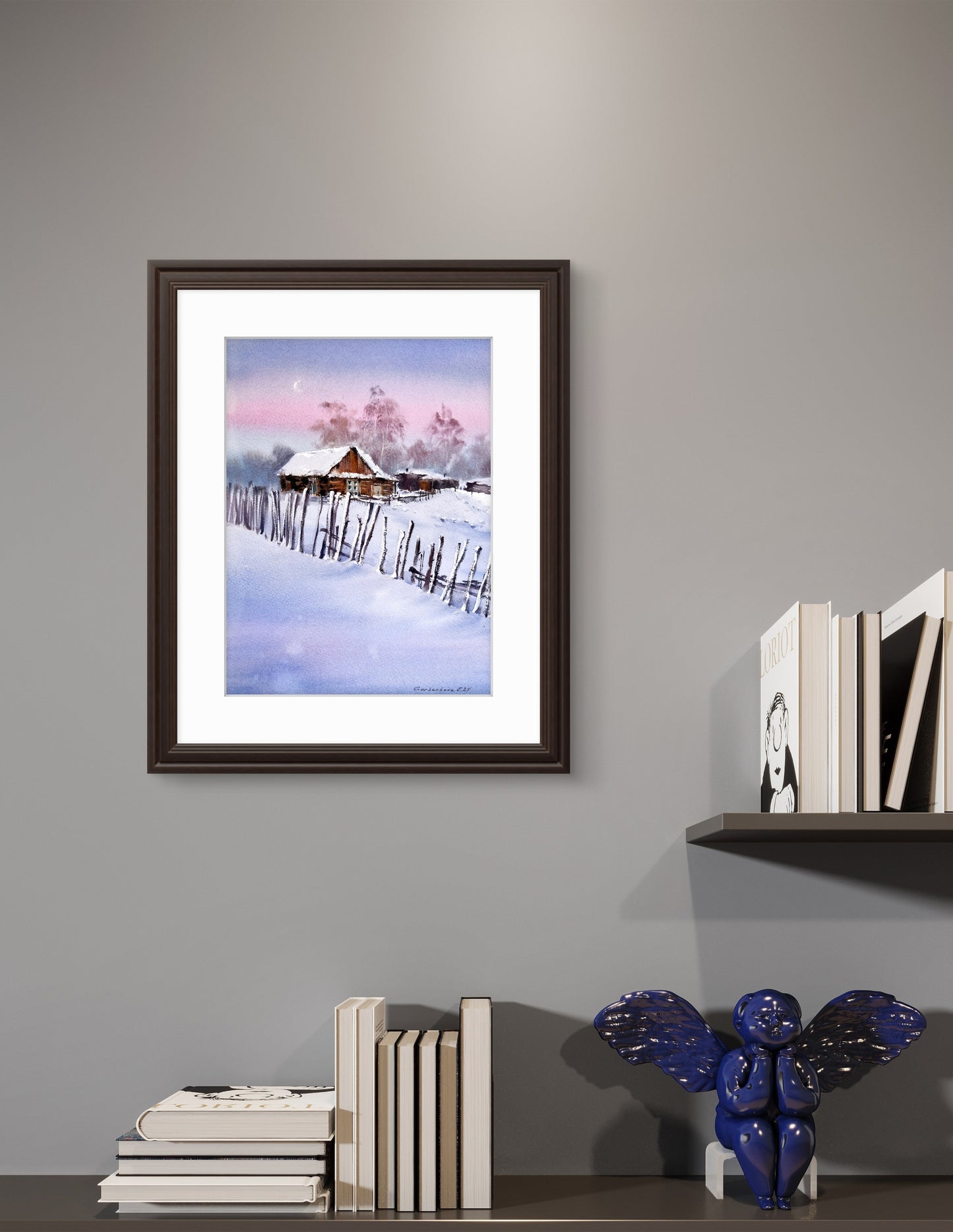 Snowy Morning Painting Original - Farmhouse Wall Art, Winter morning Village #3 9x12 in