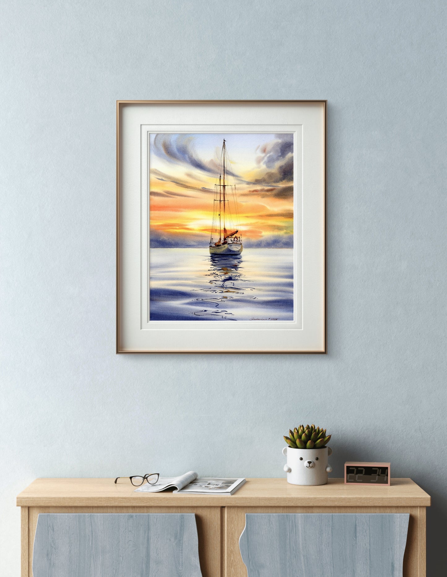 Original Sunset Sailboat Watercolor Painting, Yacht on Reflective Water Art,Golden hour on a yacht #2 12x16 in