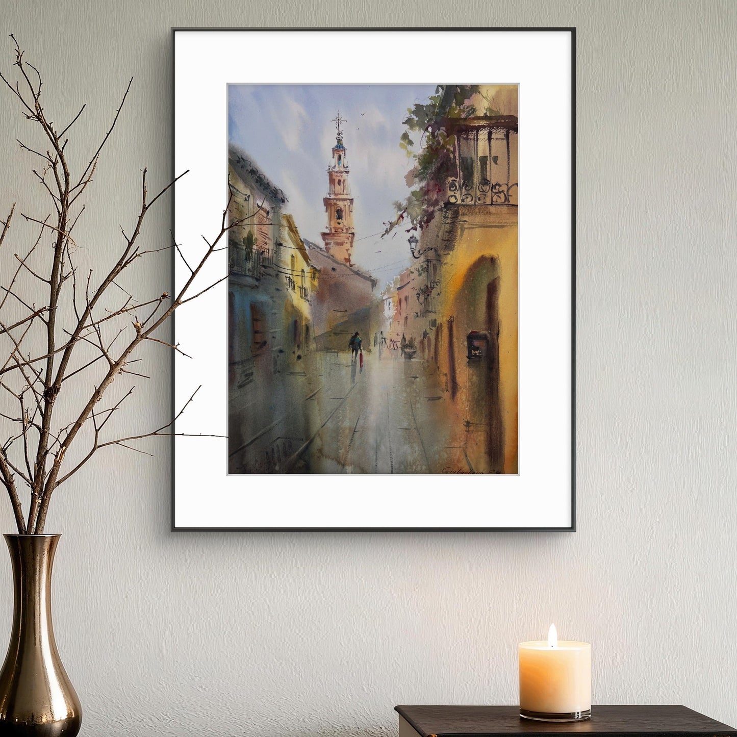 Original Sunlit European Street Watercolor Painting,A Walk Through Old Valencia 12x16