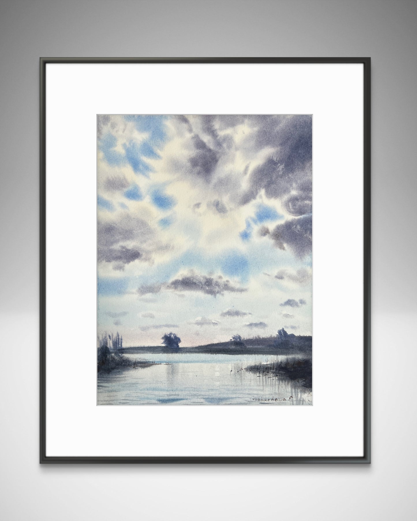 Painting, Watercolor Original, Landscape Art - Clouds over the River #6