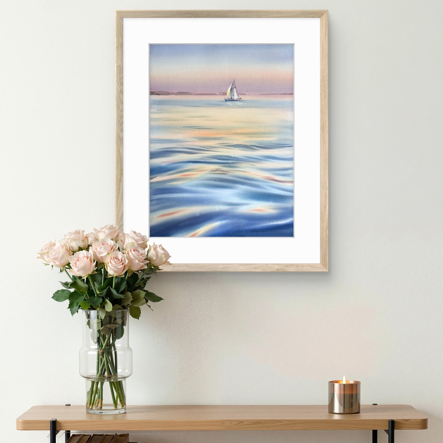 Pastel Sea Watercolor Painting, Sailboat at Sunset, Original Ocean Artwork, Sunset Yacht Song 12x16