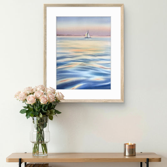 Pastel Sea Watercolor Painting, Sailboat at Sunset, Original Ocean Artwork, Sunset Yacht Song 12x16