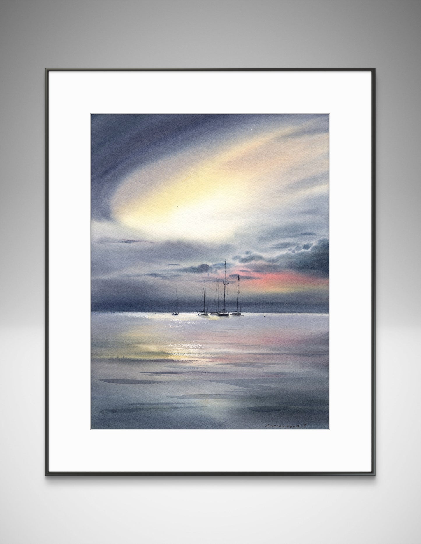 Cloud Yacht Painting Original Watercolor - Yachts at sea at dawn #2 - 12x16