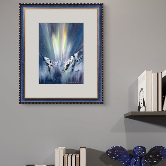 Northern Lights Mountain Watercolor, Eruption of Light 9x12