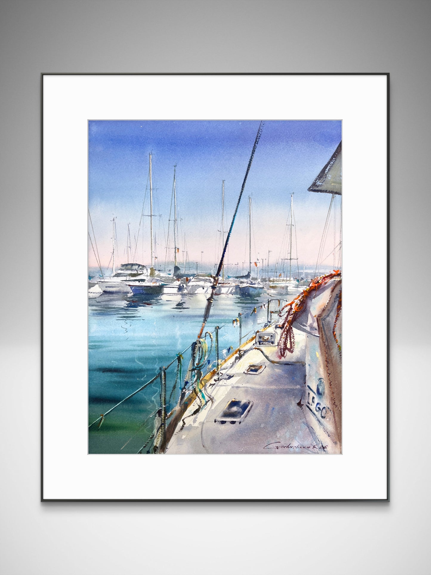 Original Watercolor Sailboat Art, Turquoise Harbor Painting, Still Waters of Spain 12x16