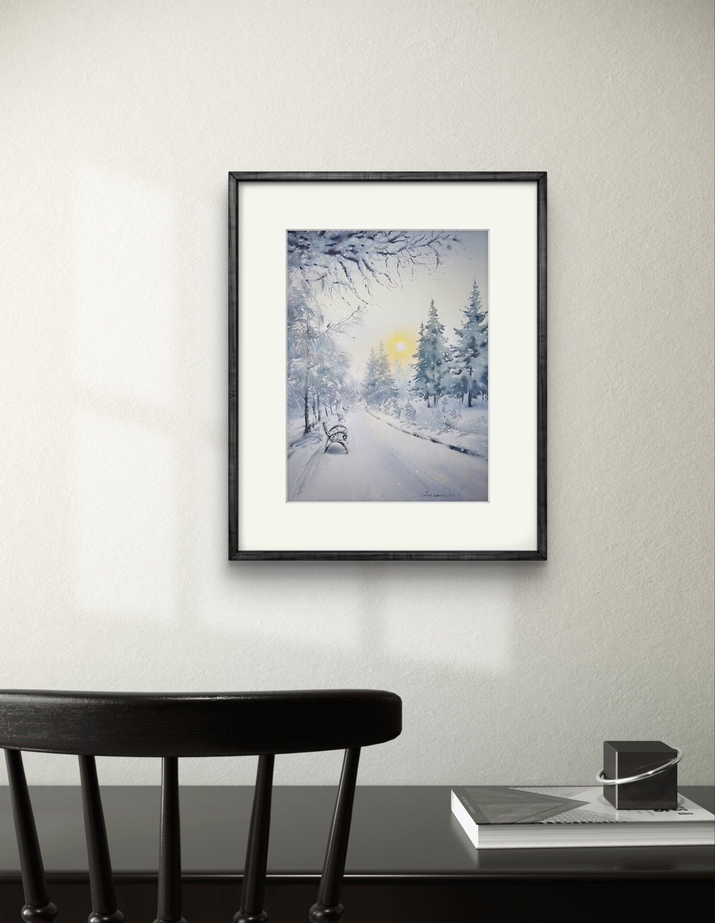 Painting Winter Dream: Cozy Bench Under the Snowy Sunlit Sky