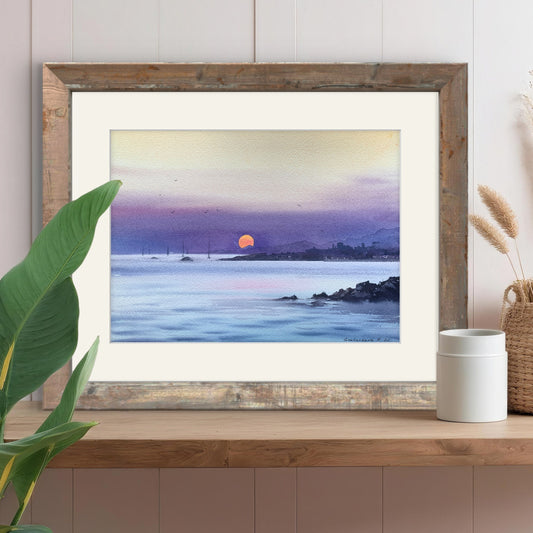 Original Watercolor Seascape Sunset, Moody Coastal Landscape Art, Sunset on the sea 9х12