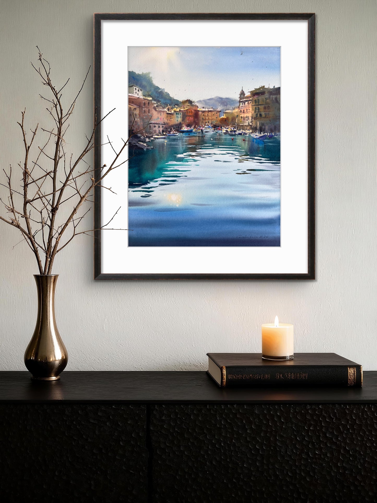 Coastal Harbor Art, Camogli Italy Watercolor Painting, Blue Italian Morning. Camogli #2 9x14 (Copy)