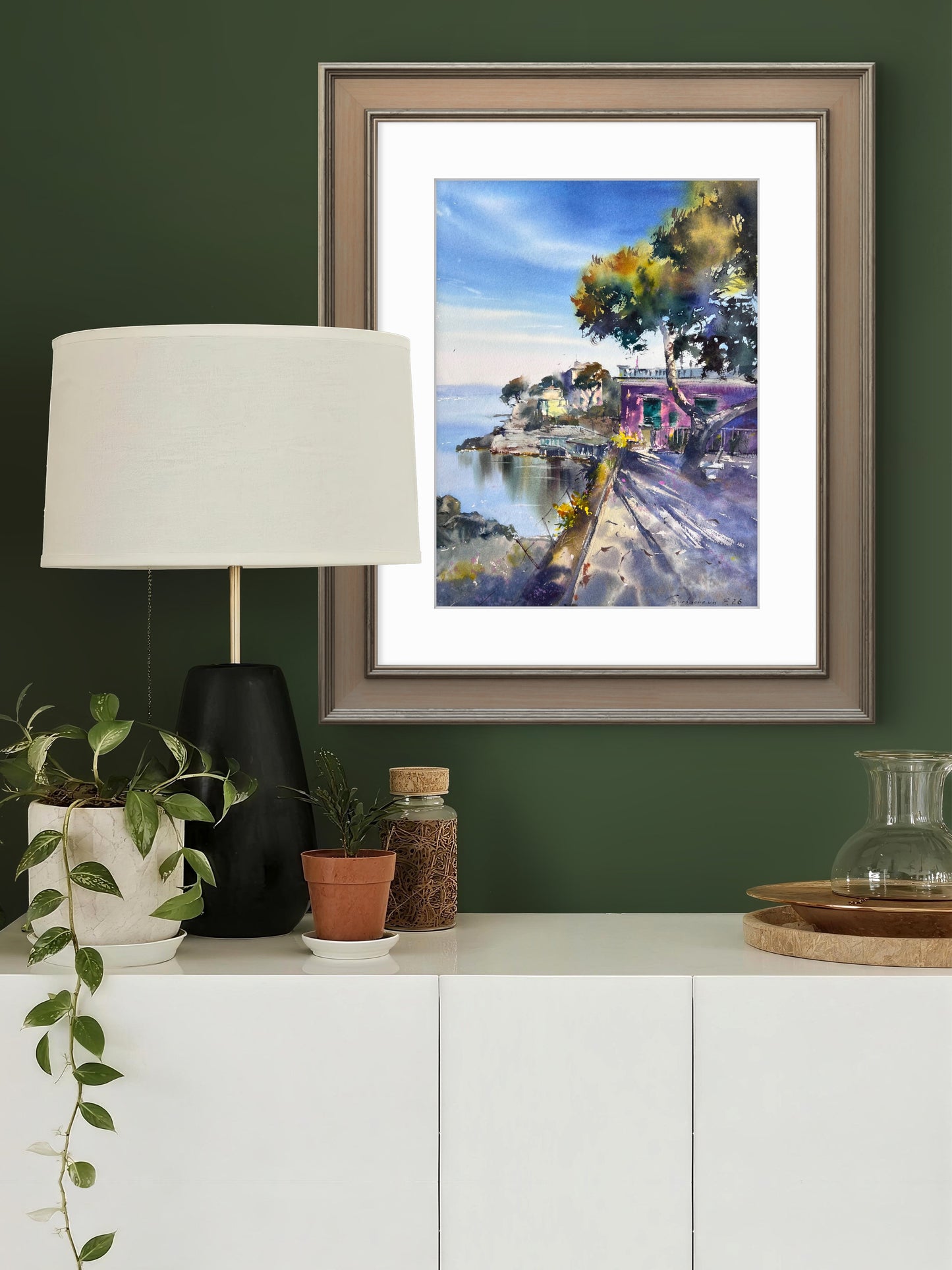 Original Watercolor Painting Liguria Italy Coastal Landscape, Blue Italian Morning. Liguria 12x16