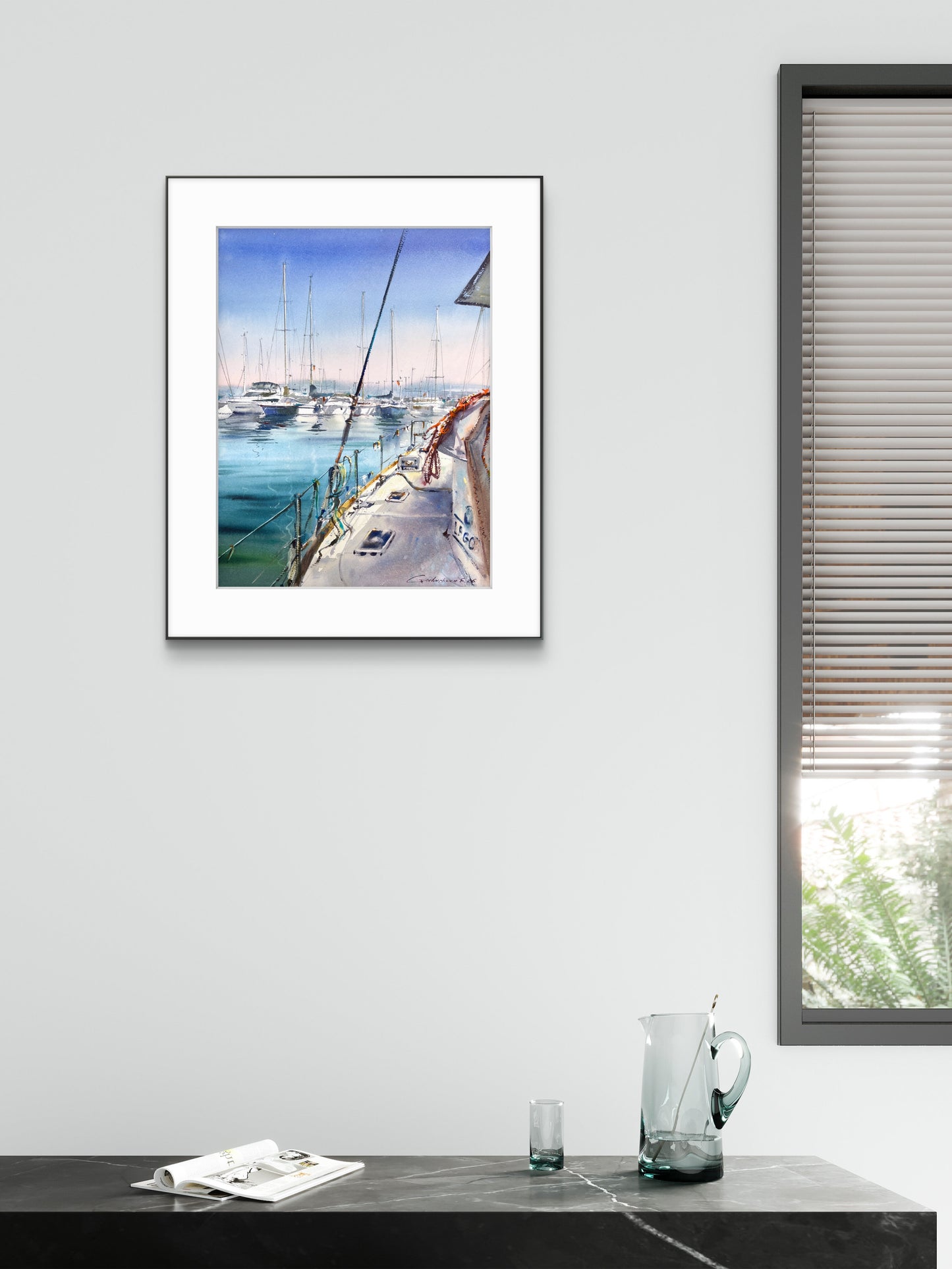 Original Watercolor Sailboat Art, Turquoise Harbor Painting, Still Waters of Spain 12x16