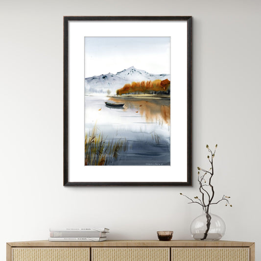 Autumn Rowboat Art - Mountain Lake Watercolor Print, Fall Landscape Painting