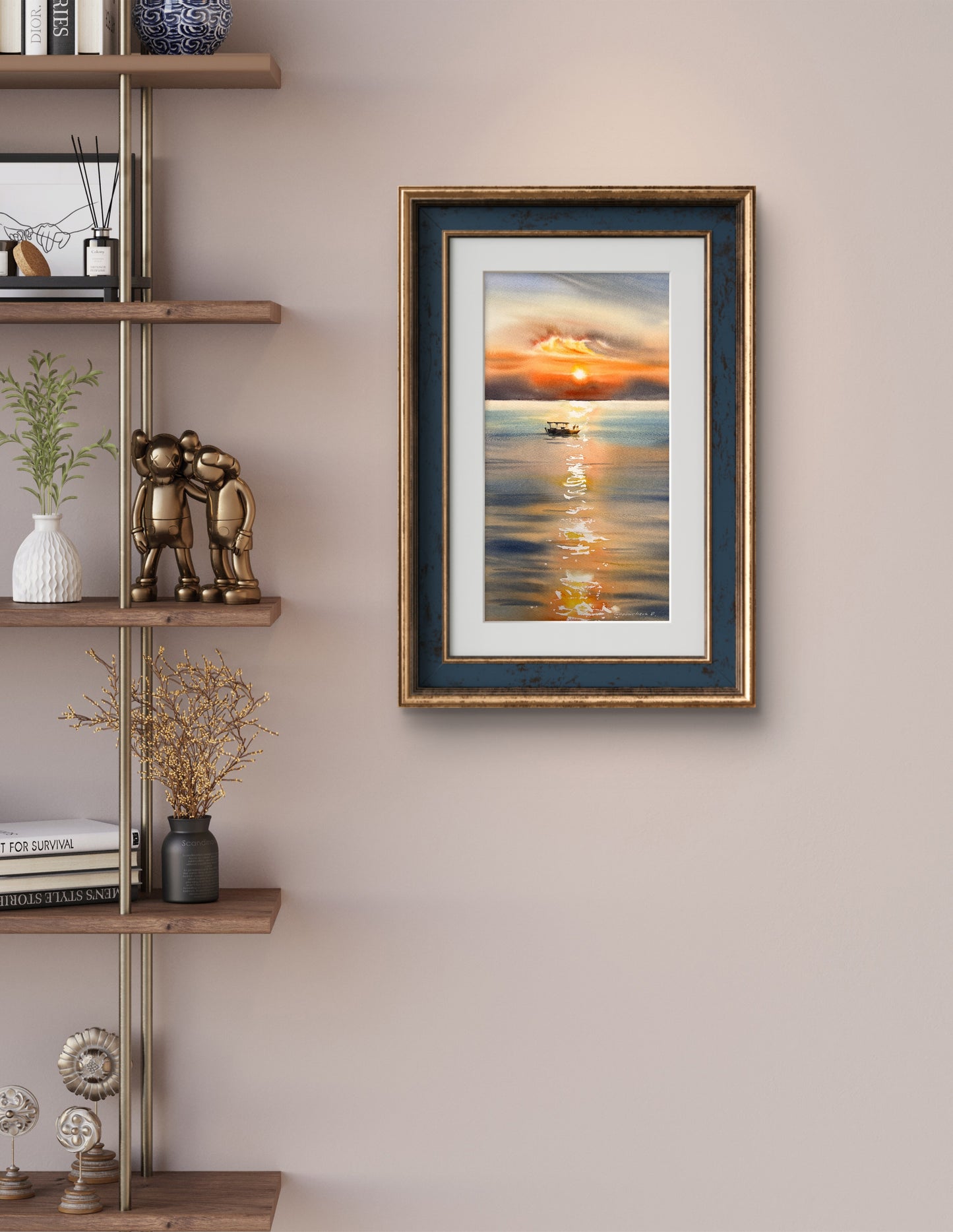 Orange Sunset Painting Original, Watercolor Fishing Boat Artwork - Golden cloud #2