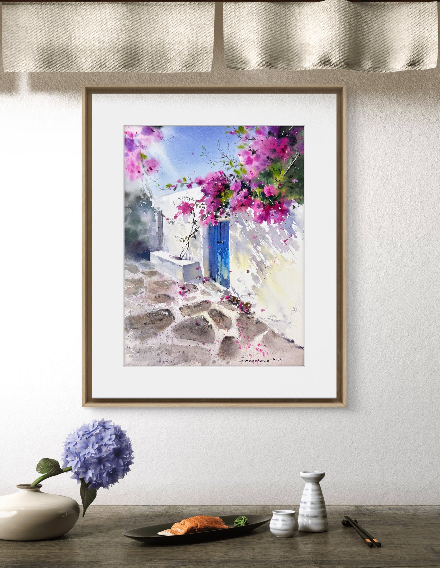 Original Watercolor Painting - Bougainvillea Door - Mediterranean Townscape