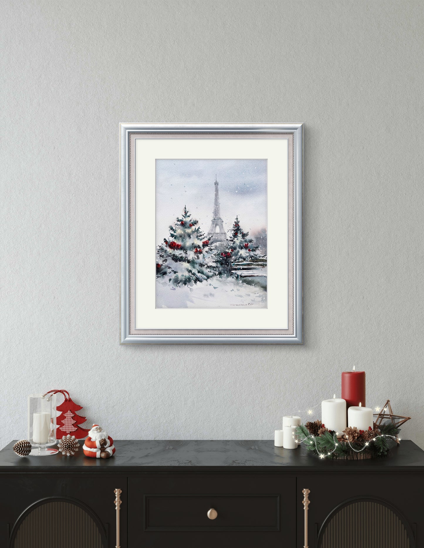 Christmas in Paris Original Painting - Eiffel Tower Snowy Fir Trees