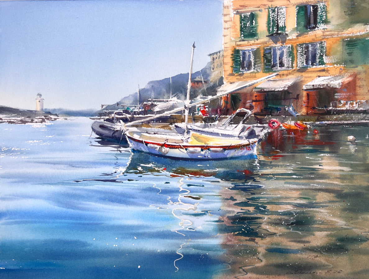 Camogli Harbor Watercolor Painting, Italian Coastal Art, Reflections of Camogli 12x16