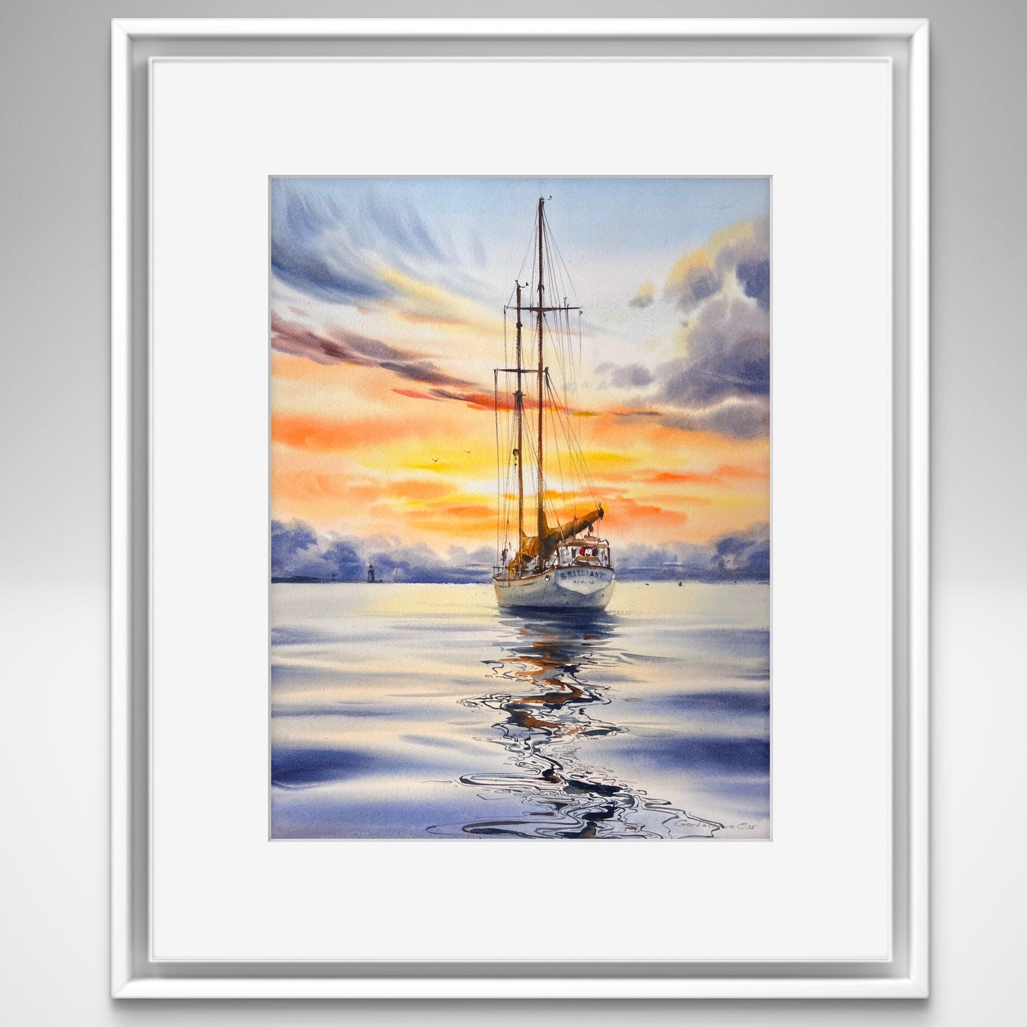Original Watercolor Painting | Schooner Brilliant at Sunset |Golden hour on a yacht 12x16 in